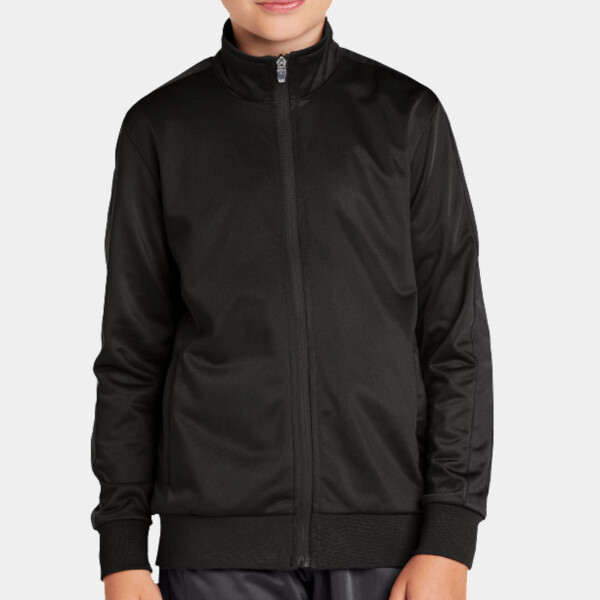 Custom No Minimum Sport-Tek Youth Tricot Sleeve Stripe Track Jacket YST94 Front View