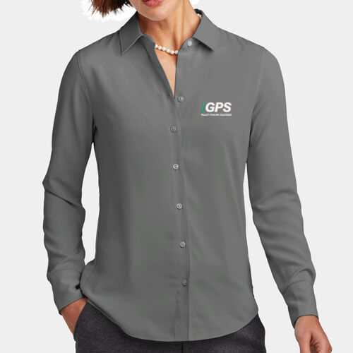 iGPS Embroidered  - Women's Full Button Satin Blouse Thumbnail